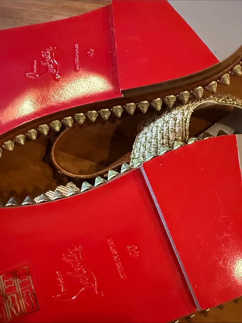 Christian Louboutin Brown Leather Studded Flat Sandals with Gold Spikes size 40